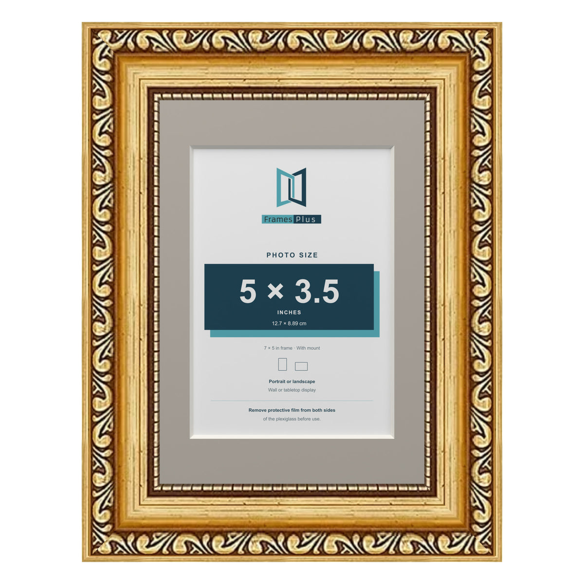 Louis Range Gold Picture, Photo & Poster Frame with Dawn Grey Mount - 7x5" Frame for 5x3.5" Photo, Gold