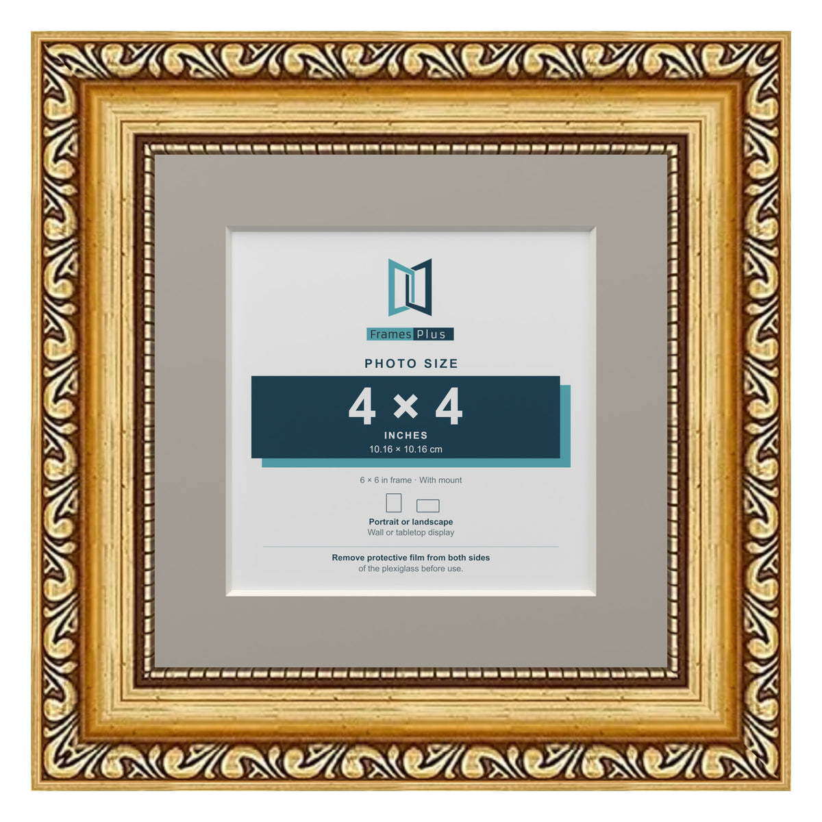 Louis Range Gold Picture, Photo & Poster Frame with Dawn Grey Mount - 6x6" Frame for 4x4" Photo, Gold
