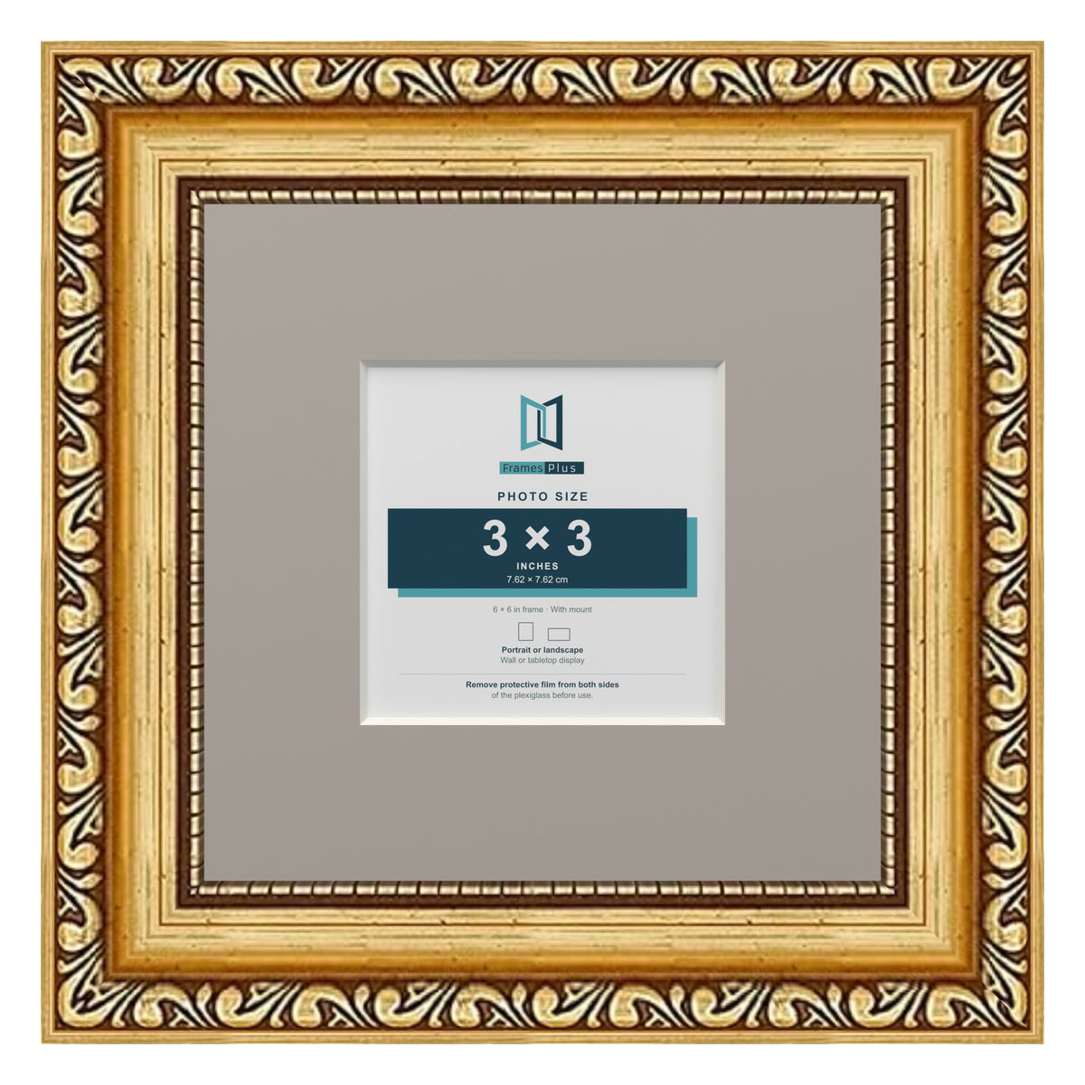 Louis Range Gold Picture, Photo & Poster Frame with Dawn Grey Mount - 6x6" Frame for 3x3" Photo, Gold