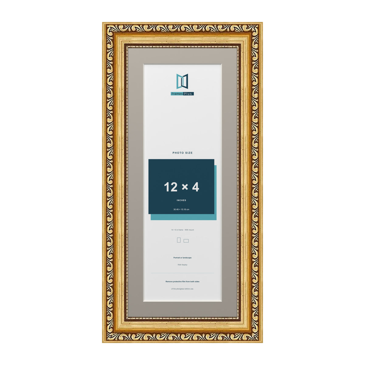 Louis Range Gold Picture, Photo & Poster Frame with Dawn Grey Mount - 14x6" Frame for 12x4" Photo, Gold