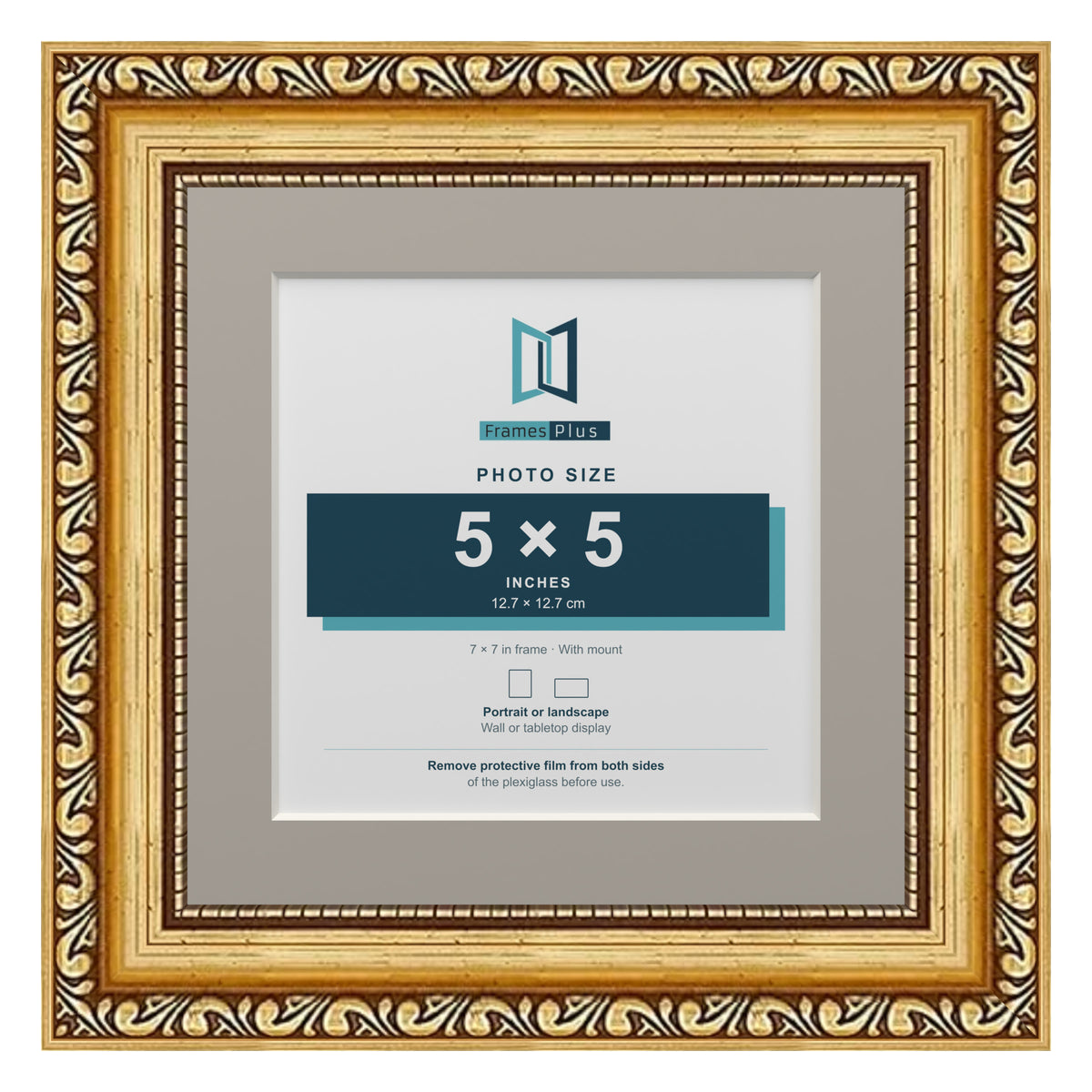 Louis Range Gold Picture, Photo & Poster Frame with Dawn Grey Mount - 7x7" Frame for 5x5" Photo, Gold