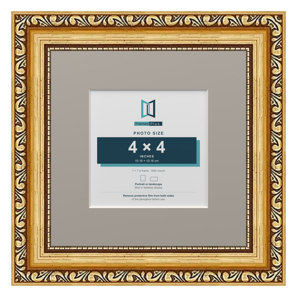 Louis Range Gold Picture, Photo & Poster Frame with Dawn Grey Mount - 7x7" Frame for 4x4" Photo, Gold