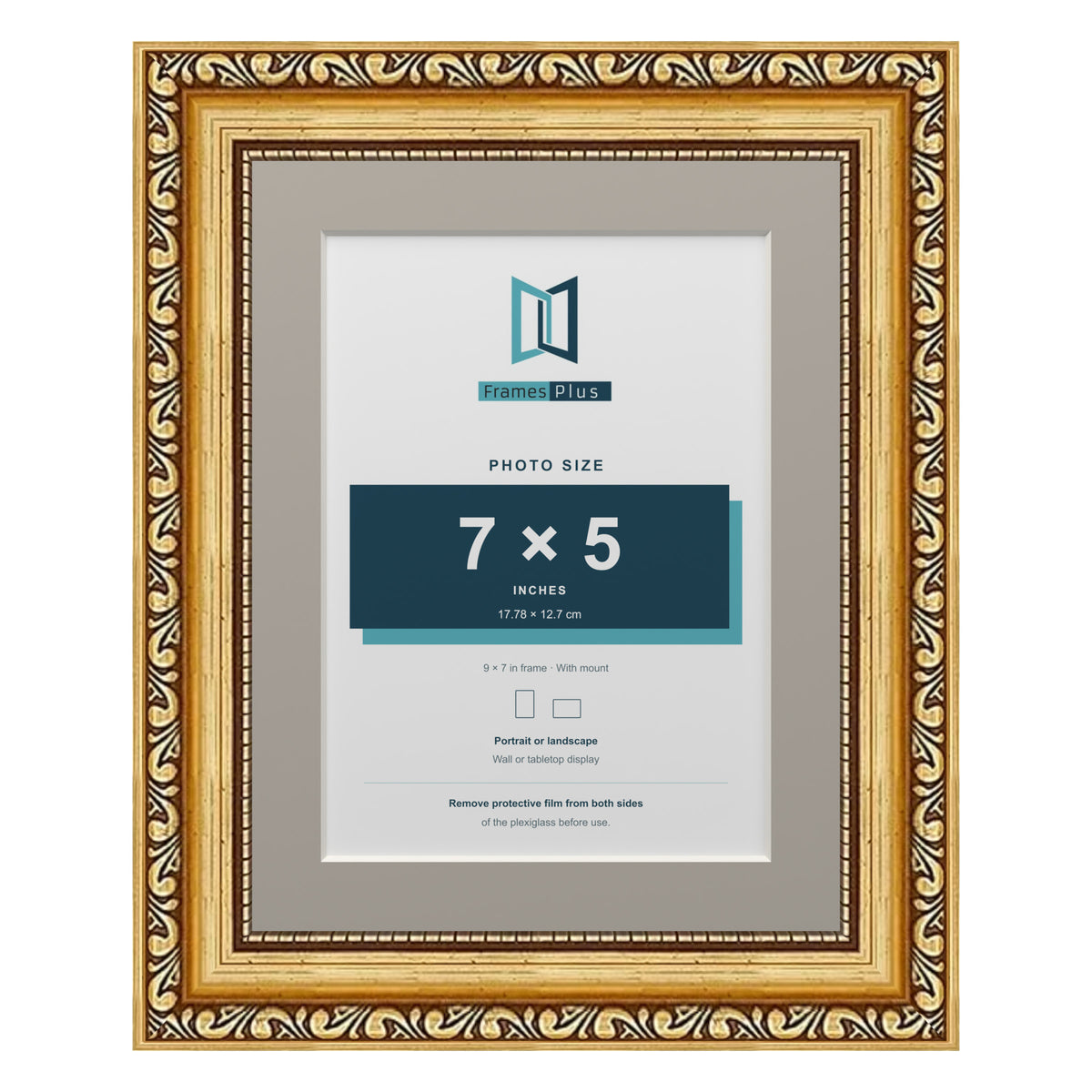 Louis Range Gold Picture, Photo & Poster Frame with Dawn Grey Mount - 9x7" Frame for 7x5" Photo, Gold