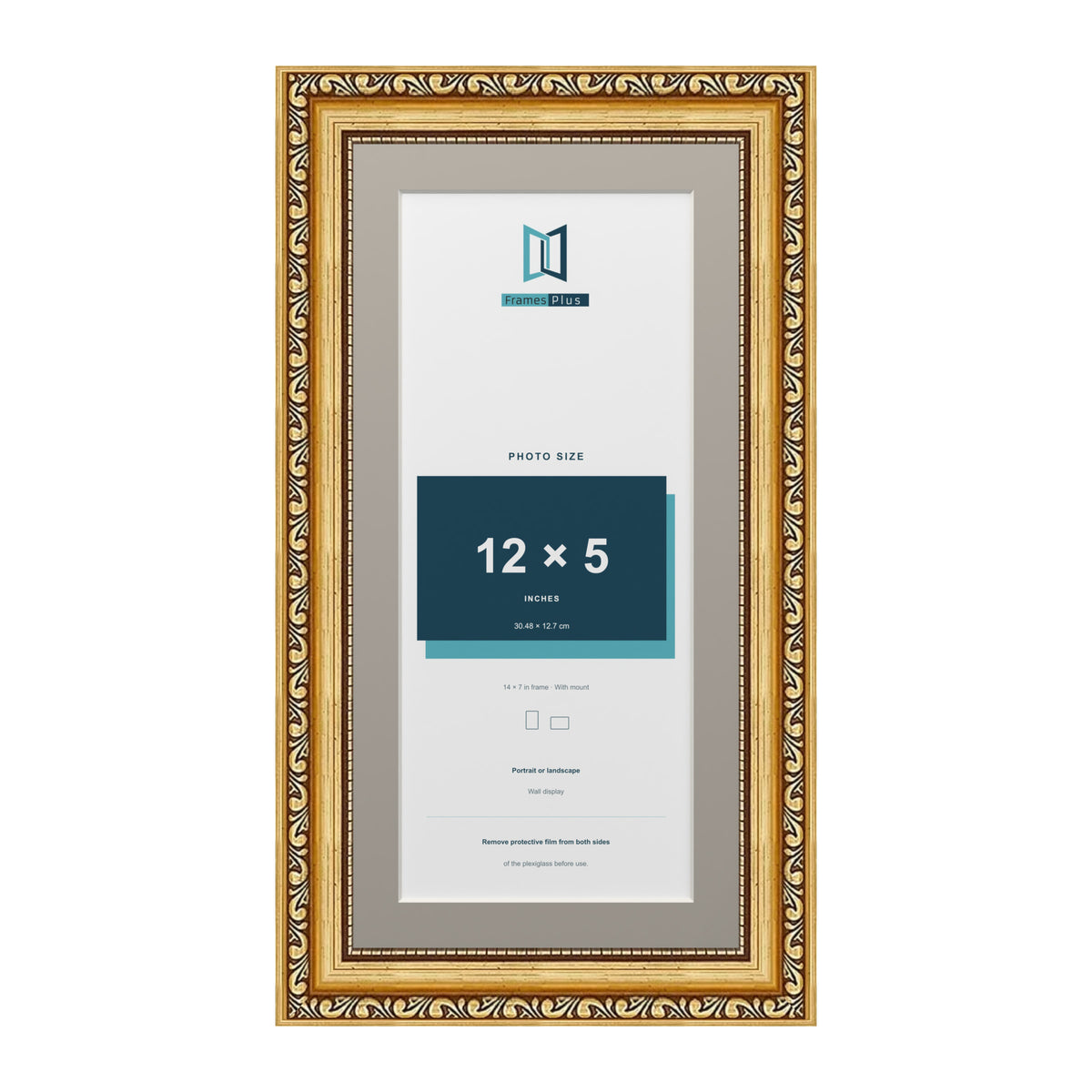 Louis Range Gold Picture, Photo & Poster Frame with Dawn Grey Mount - 14x7" Frame for 12x5" Photo, Gold