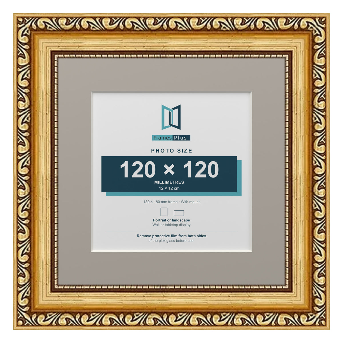 Louis Range Gold Picture, Photo & Poster Frame with Dawn Grey Mount - 18x18cm Frame for 12x12cm Photo, Gold