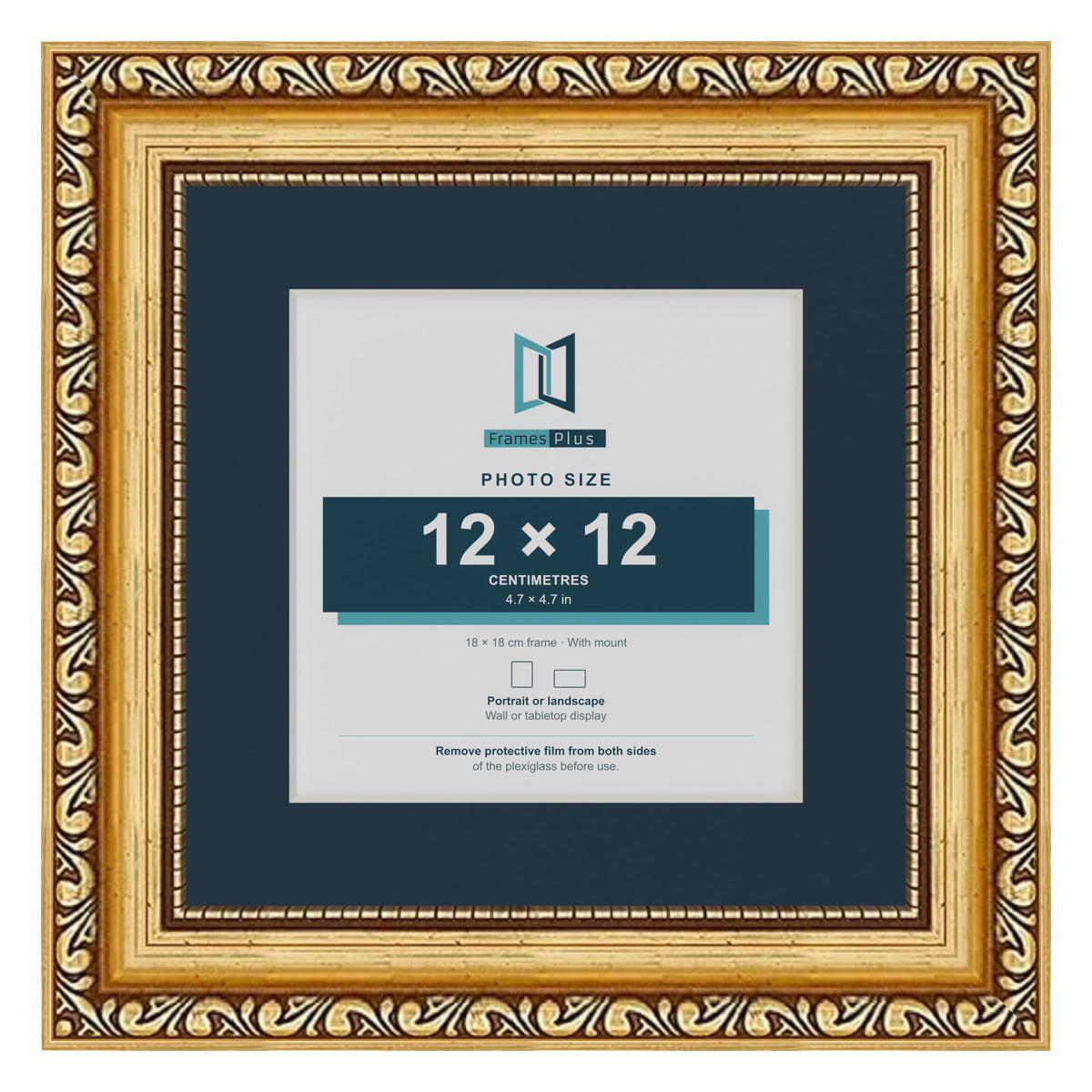Louis Range Gold Picture, Photo & Poster Frame with Pacific Blue Mount - 18x18cm Frame for 12x12cm Photo, Gold
