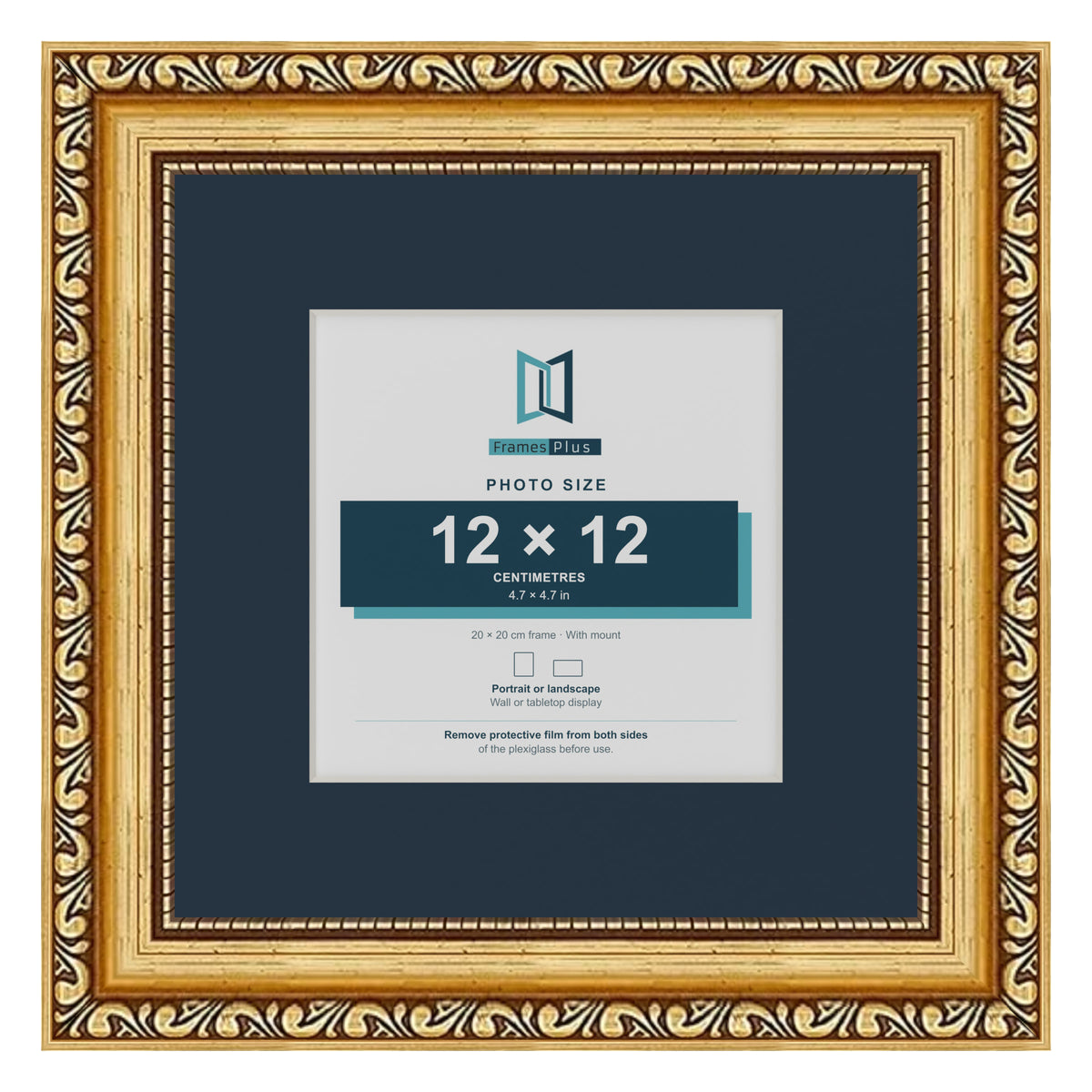 Louis Range Gold Picture, Photo & Poster Frame with Pacific Blue Mount - 20x20cm Frame for 12x12cm Photo, Gold