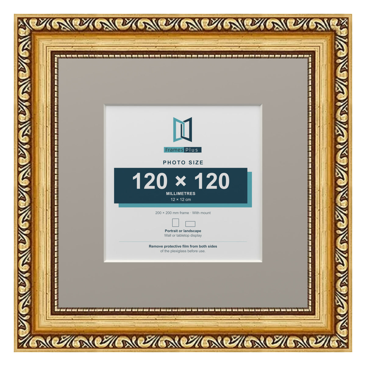 Louis Range Gold Picture, Photo & Poster Frame with Dawn Grey Mount - 20x20cm Frame for 12x12cm Photo, Gold
