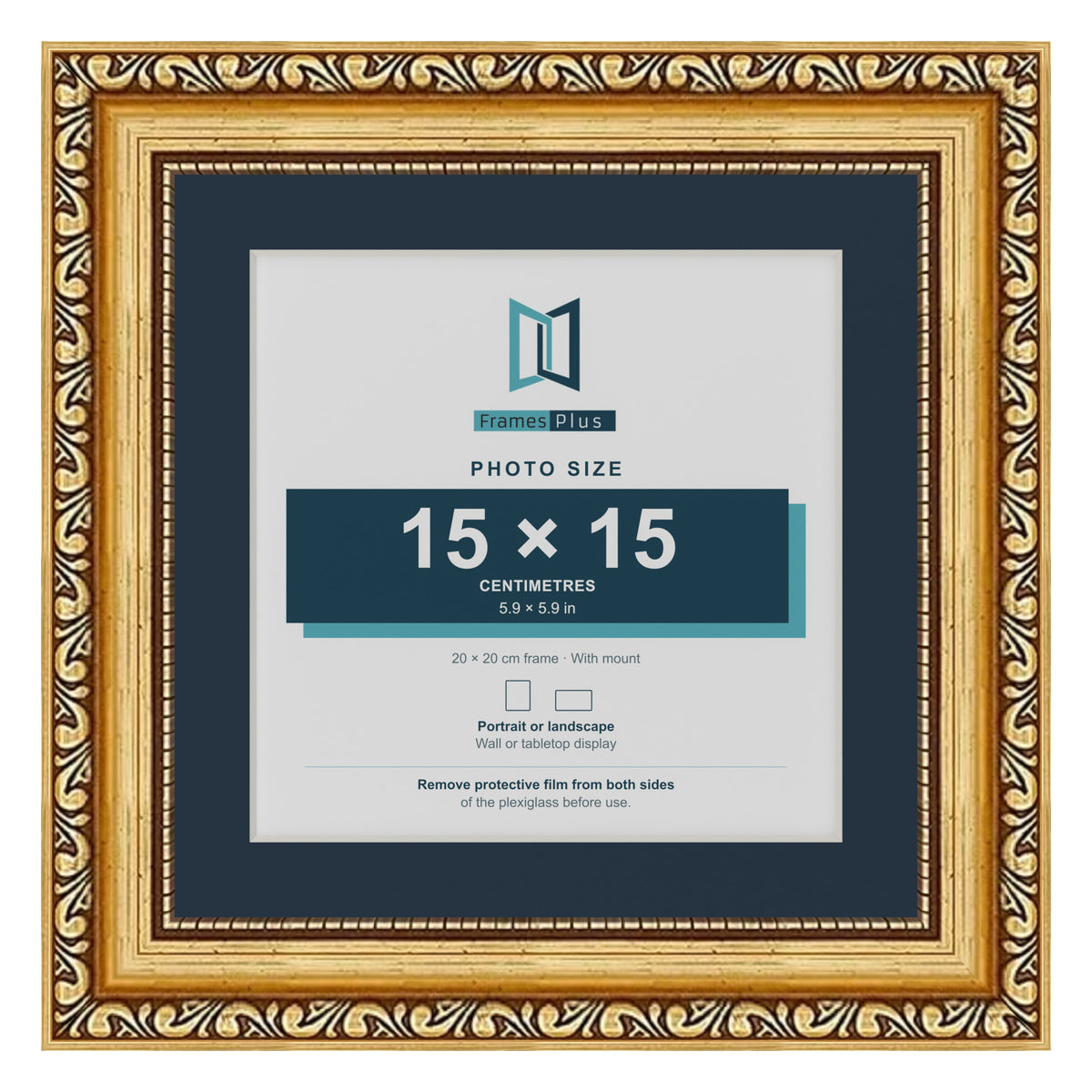 Louis Range Gold Picture, Photo & Poster Frame with Pacific Blue Mount - 20x20cm Frame for 15x15cm Photo, Gold
