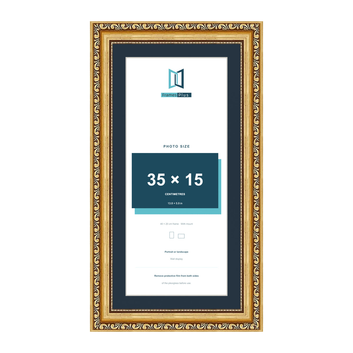 Louis Range Gold Picture, Photo & Poster Frame with Pacific Blue Mount - 40x20cm Frame for 35x15cm Photo, Gold