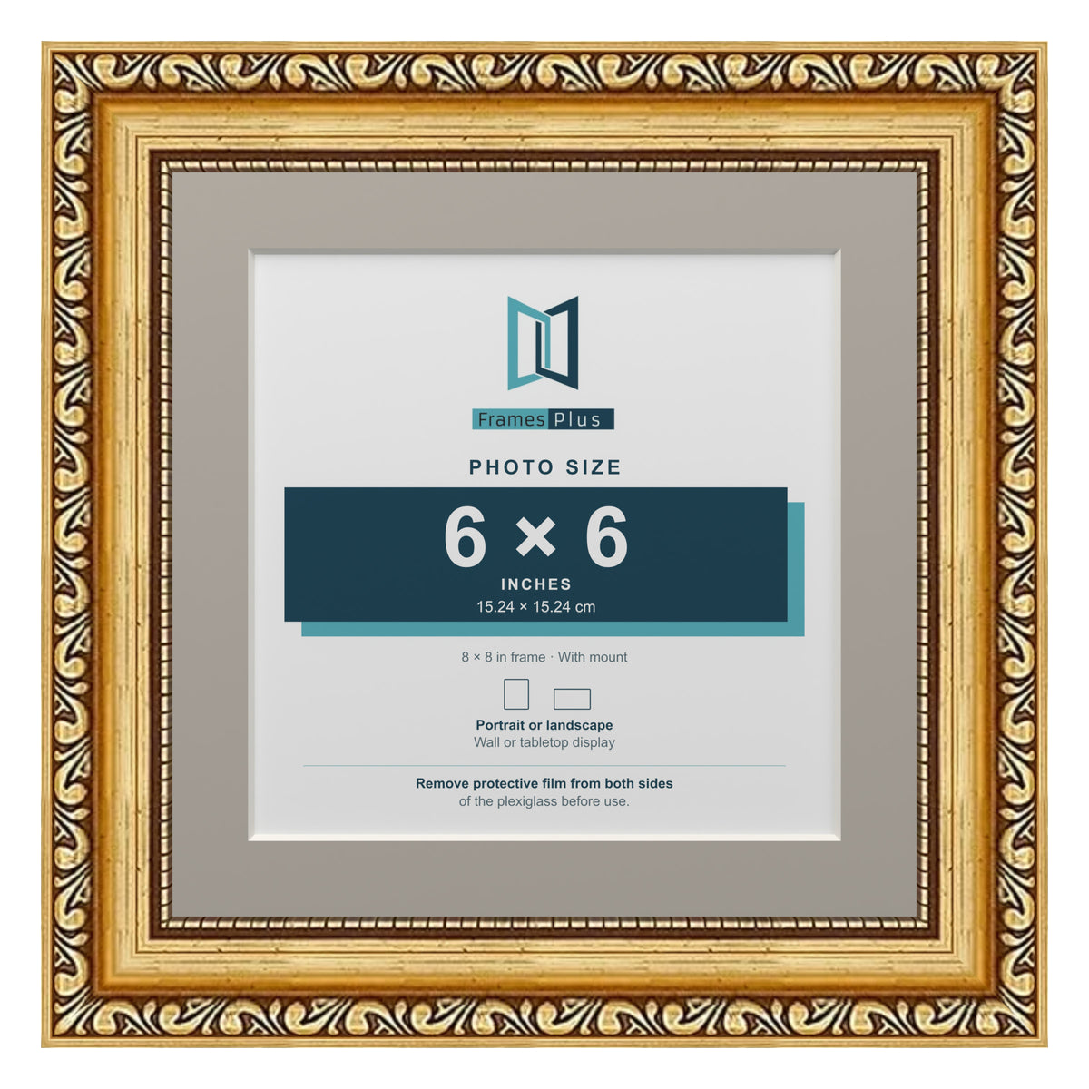 Louis Range Gold Picture, Photo & Poster Frame with Dawn Grey Mount - 8x8" Frame for 6x6" Photo, Gold