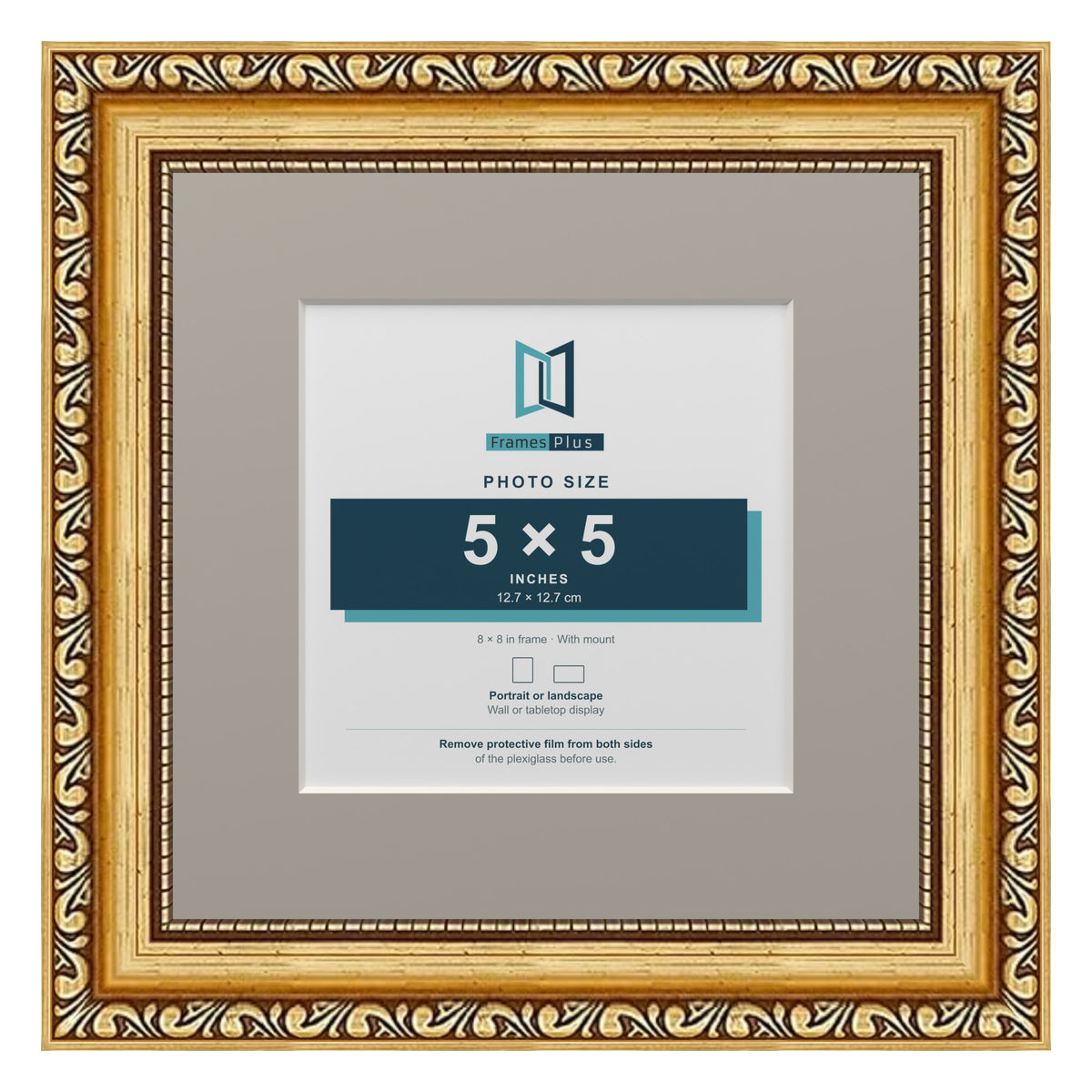 Louis Range Gold Picture, Photo & Poster Frame with Dawn Grey Mount - 8x8" Frame for 5x5" Photo, Gold