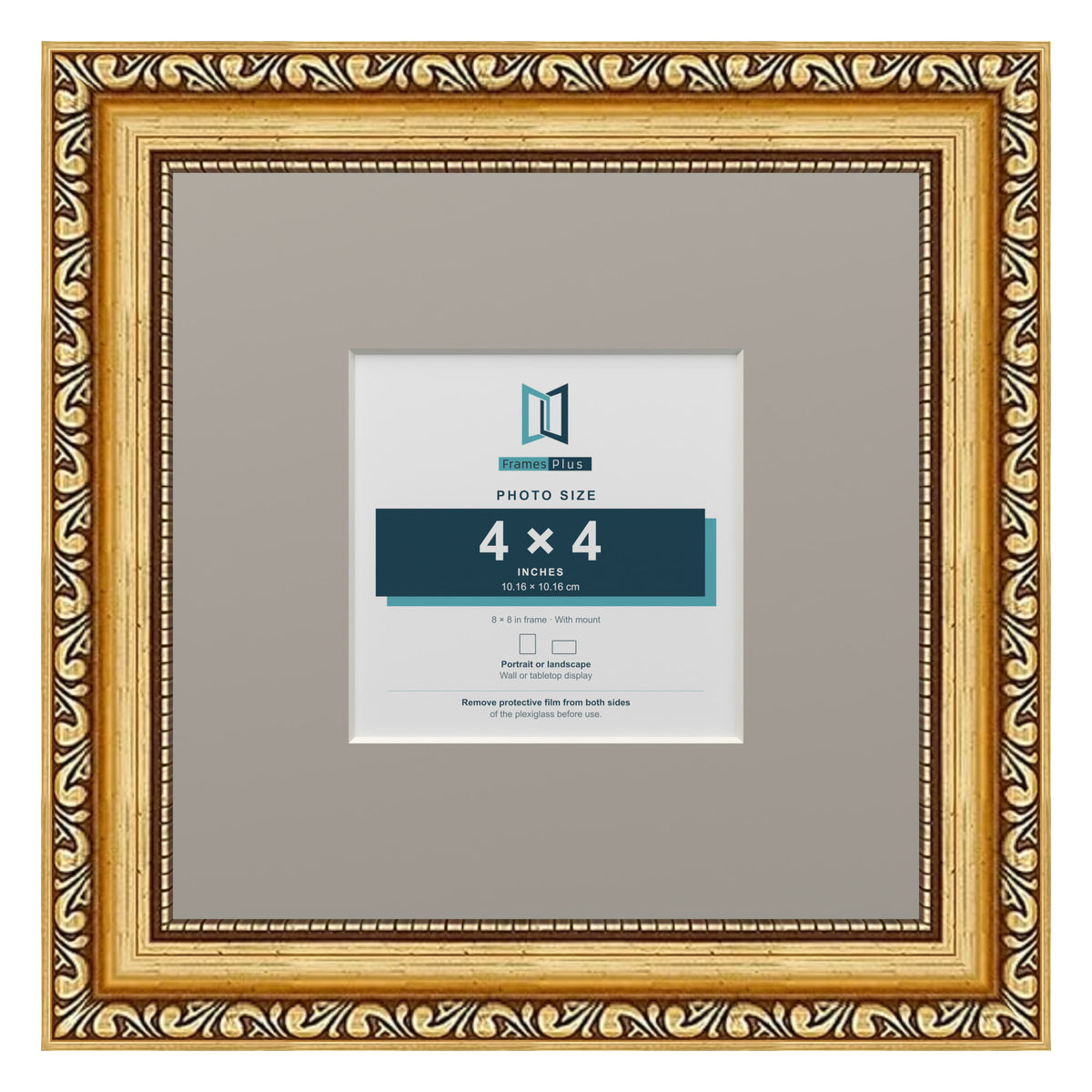 Louis Range Gold Picture, Photo & Poster Frame with Dawn Grey Mount - 8x8" Frame for 4x4" Photo, Gold