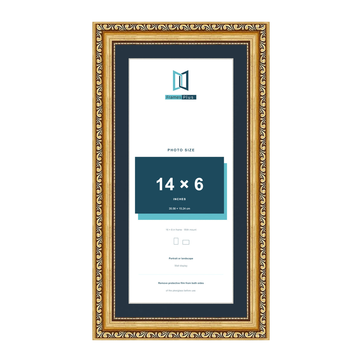 Louis Range Gold Picture, Photo & Poster Frame with Pacific Blue Mount - 16x8" Frame for 14x6" Photo, Gold