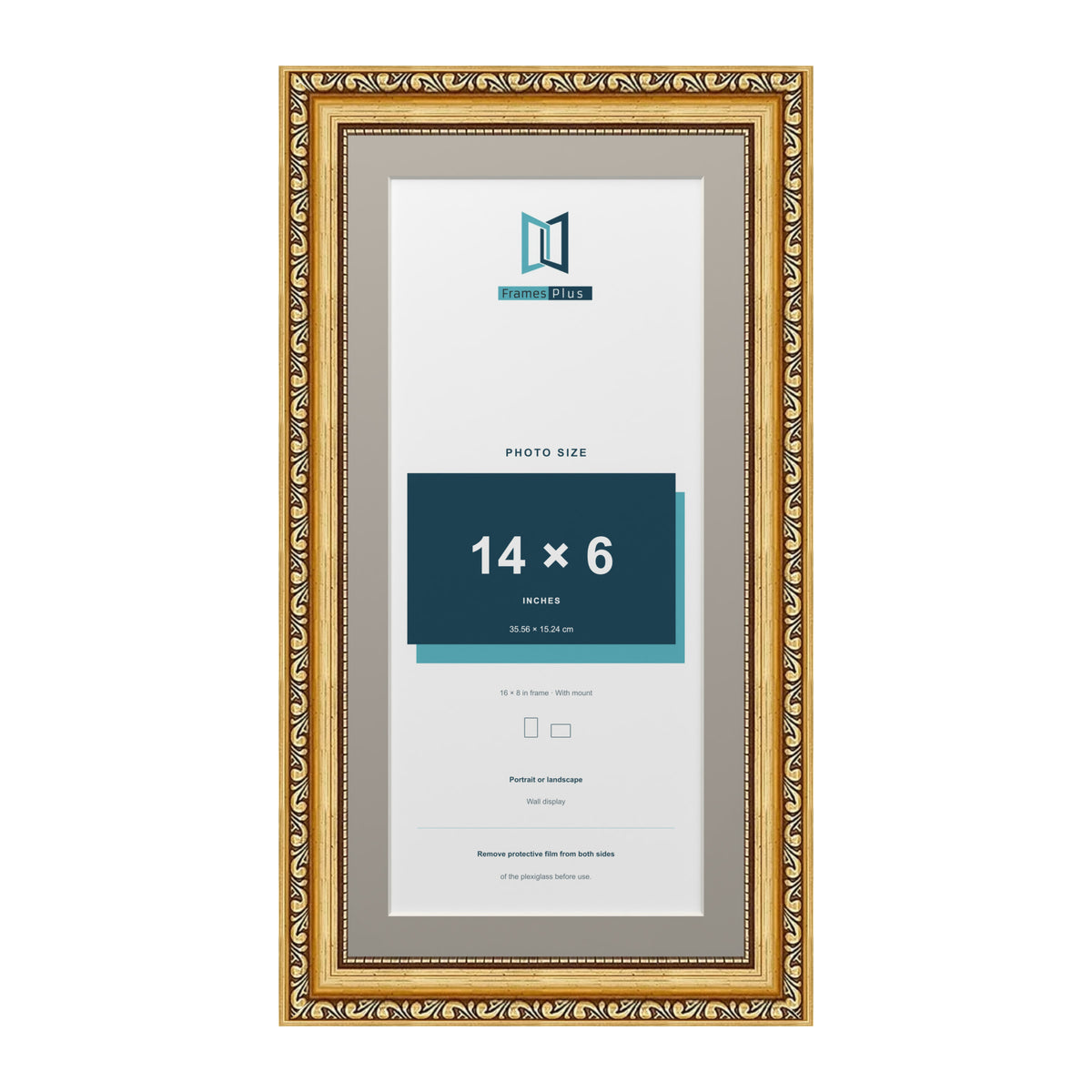 Louis Range Gold Picture, Photo & Poster Frame with Dawn Grey Mount - 16x8" Frame for 14x6" Photo, Gold