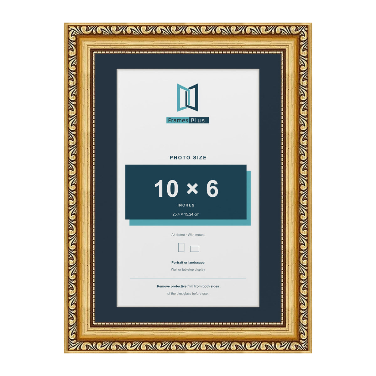 Louis Range Gold Picture, Photo & Poster Frame with Pacific Blue Mount - A4 Frame for 10x6" Photo, Gold