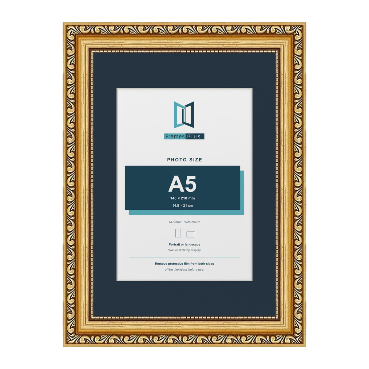 Louis Range Gold Picture, Photo & Poster Frame with Pacific Blue Mount - A4 Frame for A5 Photo, Gold