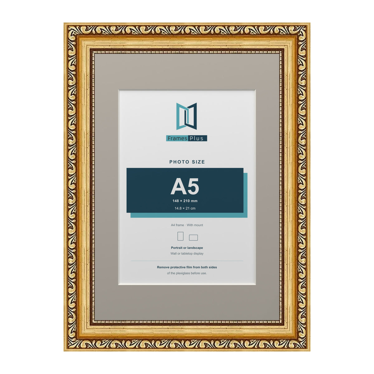 Louis Range Gold Picture, Photo & Poster Frame with Dawn Grey Mount - A4 Frame for A5 Photo, Gold