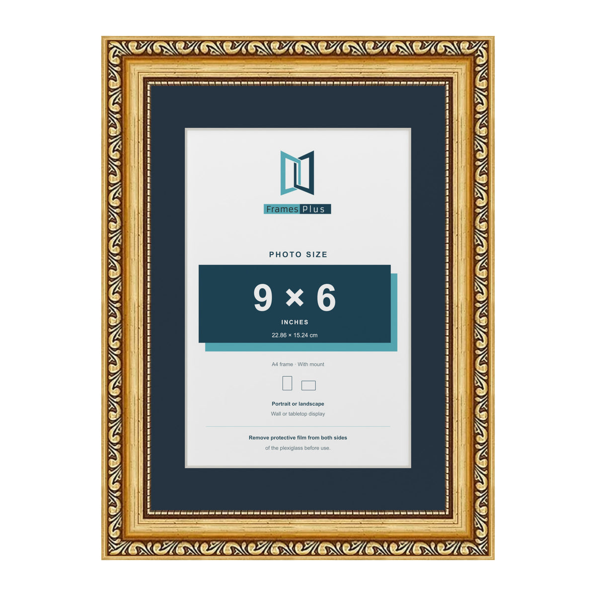 Louis Range Gold Picture, Photo & Poster Frame with Pacific Blue Mount - A4 Frame for 9x6" Photo, Gold