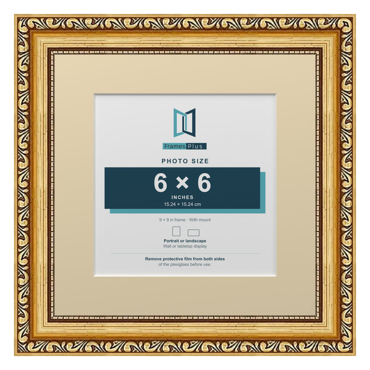 Louis Range Gold Picture, Photo & Poster Frame with Ivory Mount - 9x9" Frame for 6x6" Photo, Gold