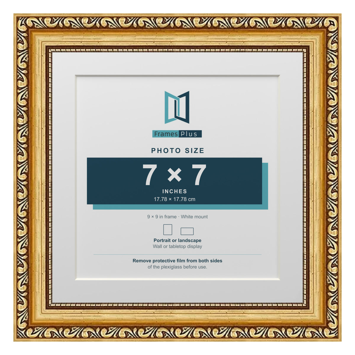 Louis Range Gold Picture, Photo & Poster Frame with White Mount - 9x9" Frame for 7x7" Photo, Gold
