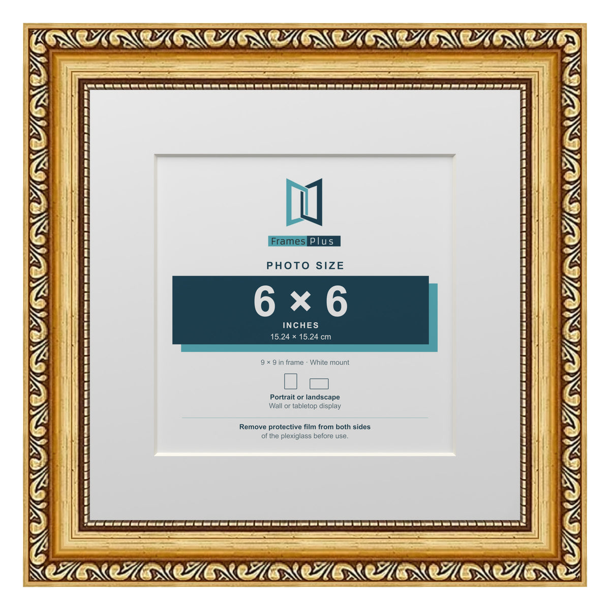 Louis Range Gold Picture, Photo & Poster Frame with White Mount - 9x9" Frame for 6x6" Photo, Gold