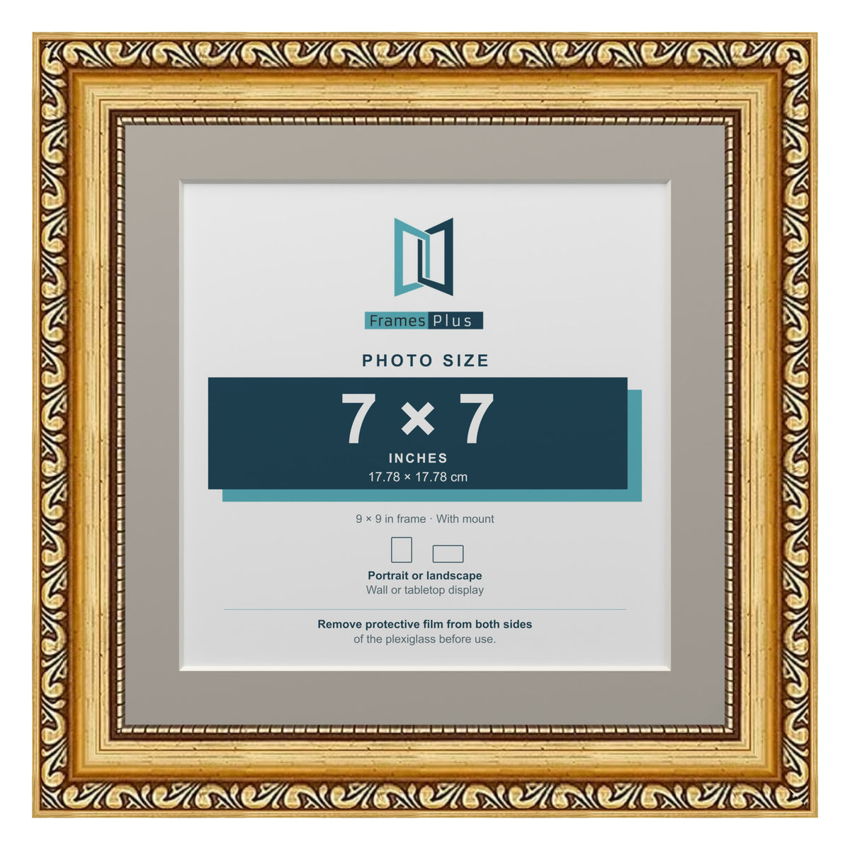 Louis Range Gold Picture, Photo & Poster Frame with Dawn Grey Mount - 9x9" Frame for 7x7" Photo, Gold