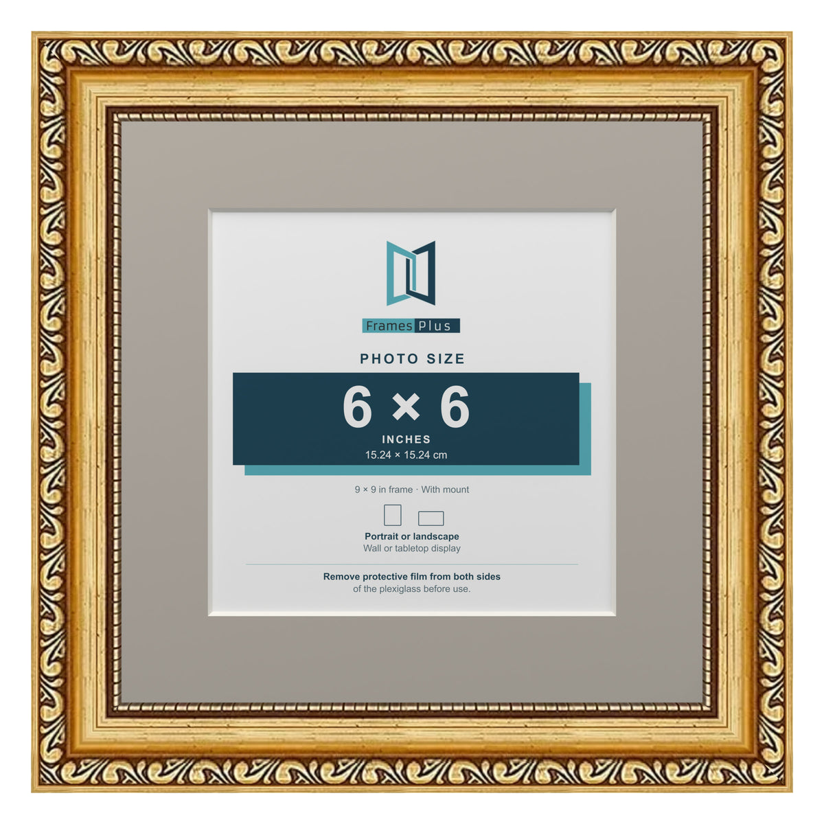 Louis Range Gold Picture, Photo & Poster Frame with Dawn Grey Mount - 9x9" Frame for 6x6" Photo, Gold