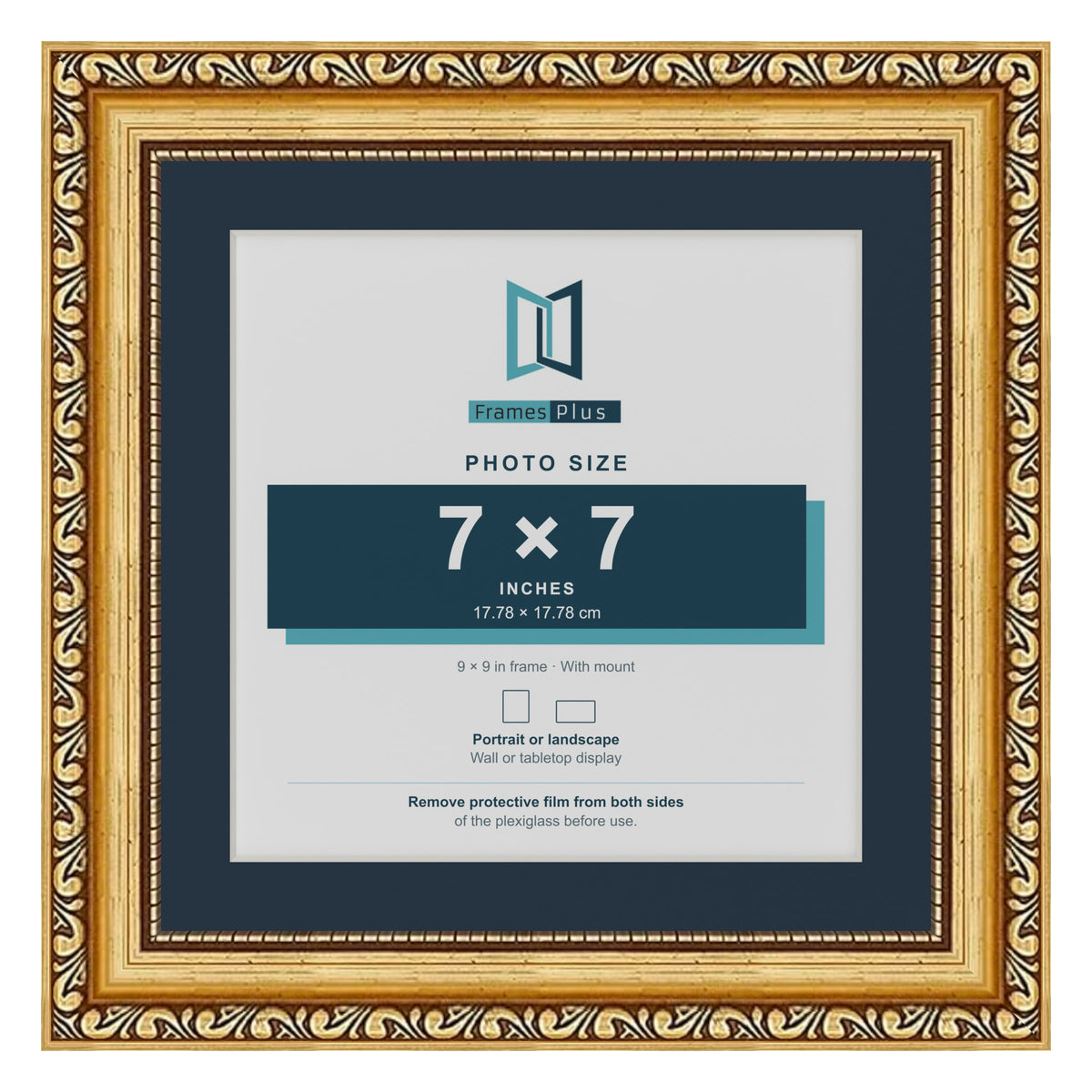 Louis Range Gold Picture, Photo & Poster Frame with Pacific Blue Mount - 9x9" Frame for 7x7" Photo, Gold