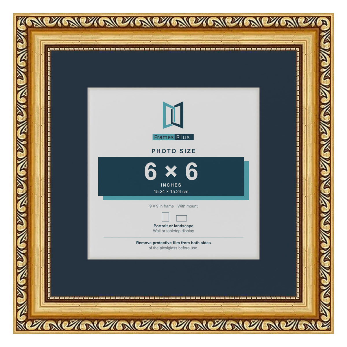 Louis Range Gold Picture, Photo & Poster Frame with Pacific Blue Mount - 9x9" Frame for 6x6" Photo, Gold
