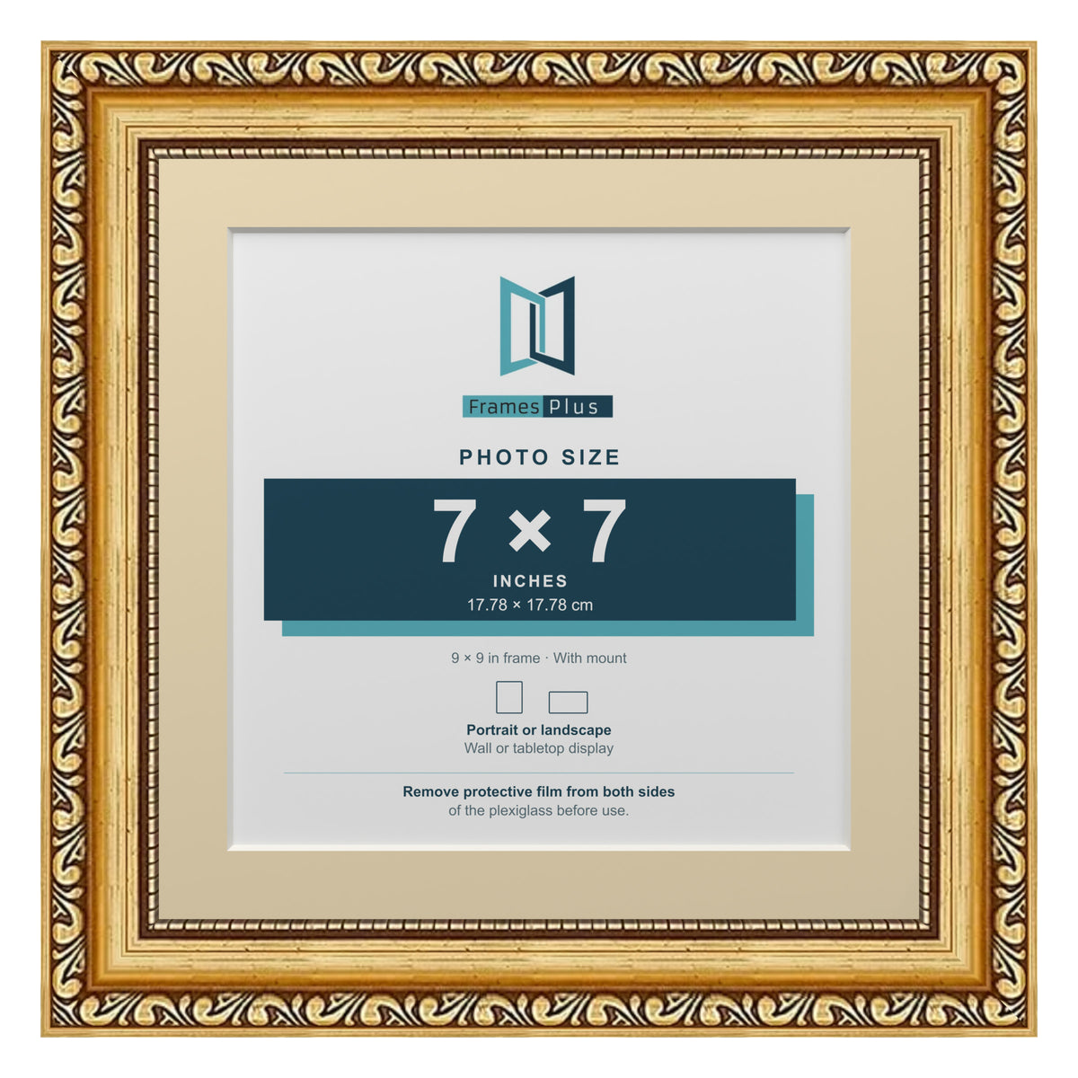 Louis Range Gold Picture, Photo & Poster Frame with Ivory Mount - 9x9" Frame for 7x7" Photo, Gold