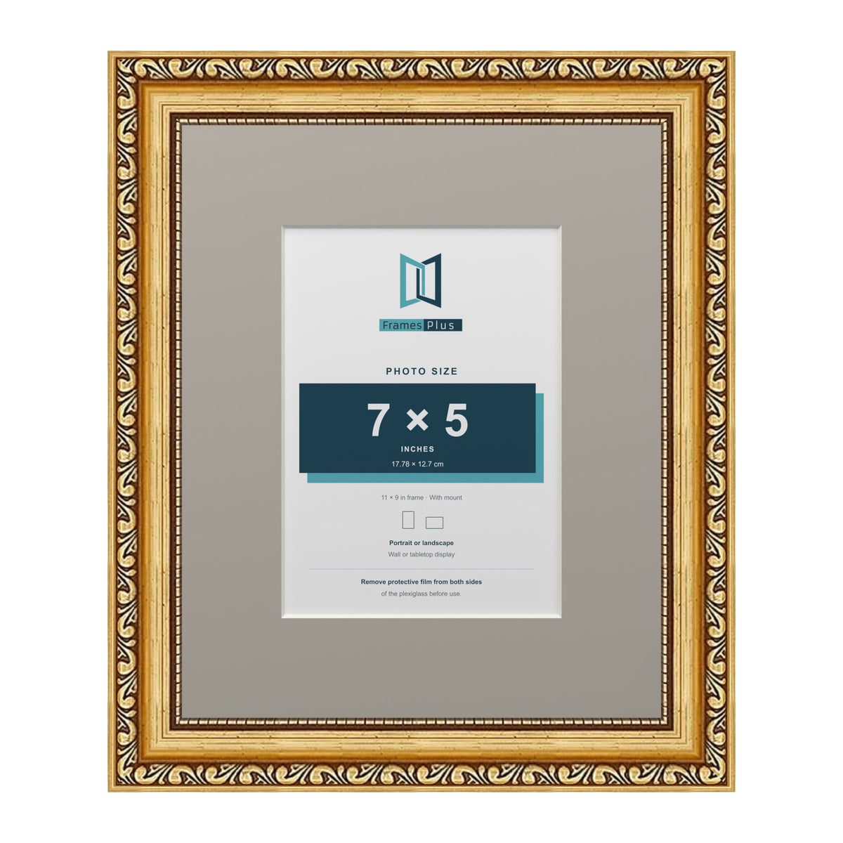 Louis Range Gold Picture, Photo & Poster Frame with Dawn Grey Mount - 11x9" Frame for 7x5" Photo, Gold