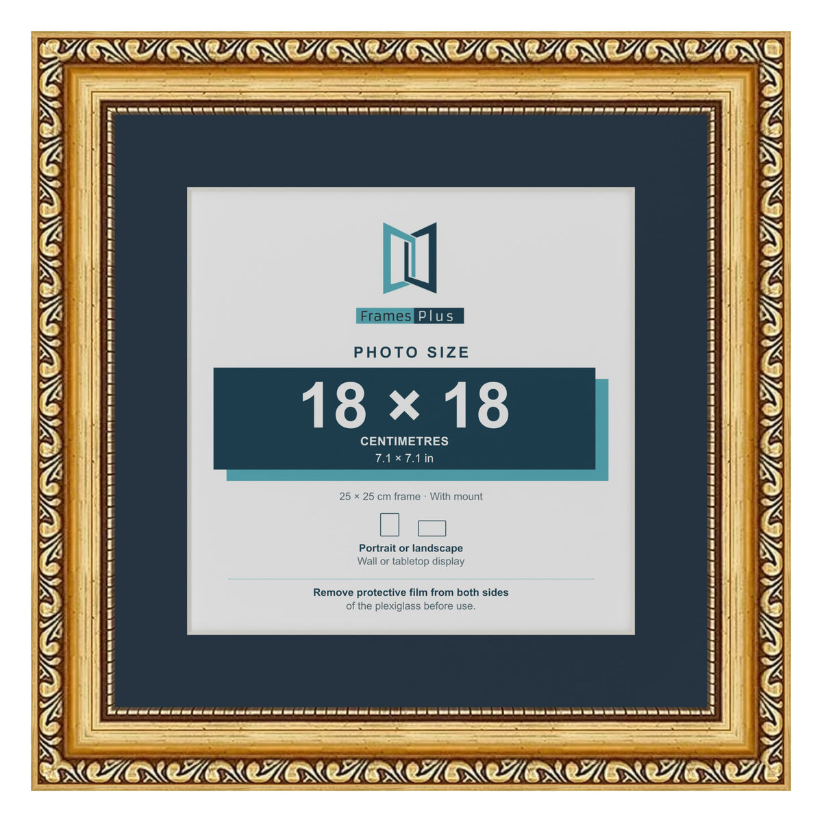 Louis Range Gold Picture, Photo & Poster Frame with Pacific Blue Mount - 25x25cm Frame for 18x18cm Photo, Gold