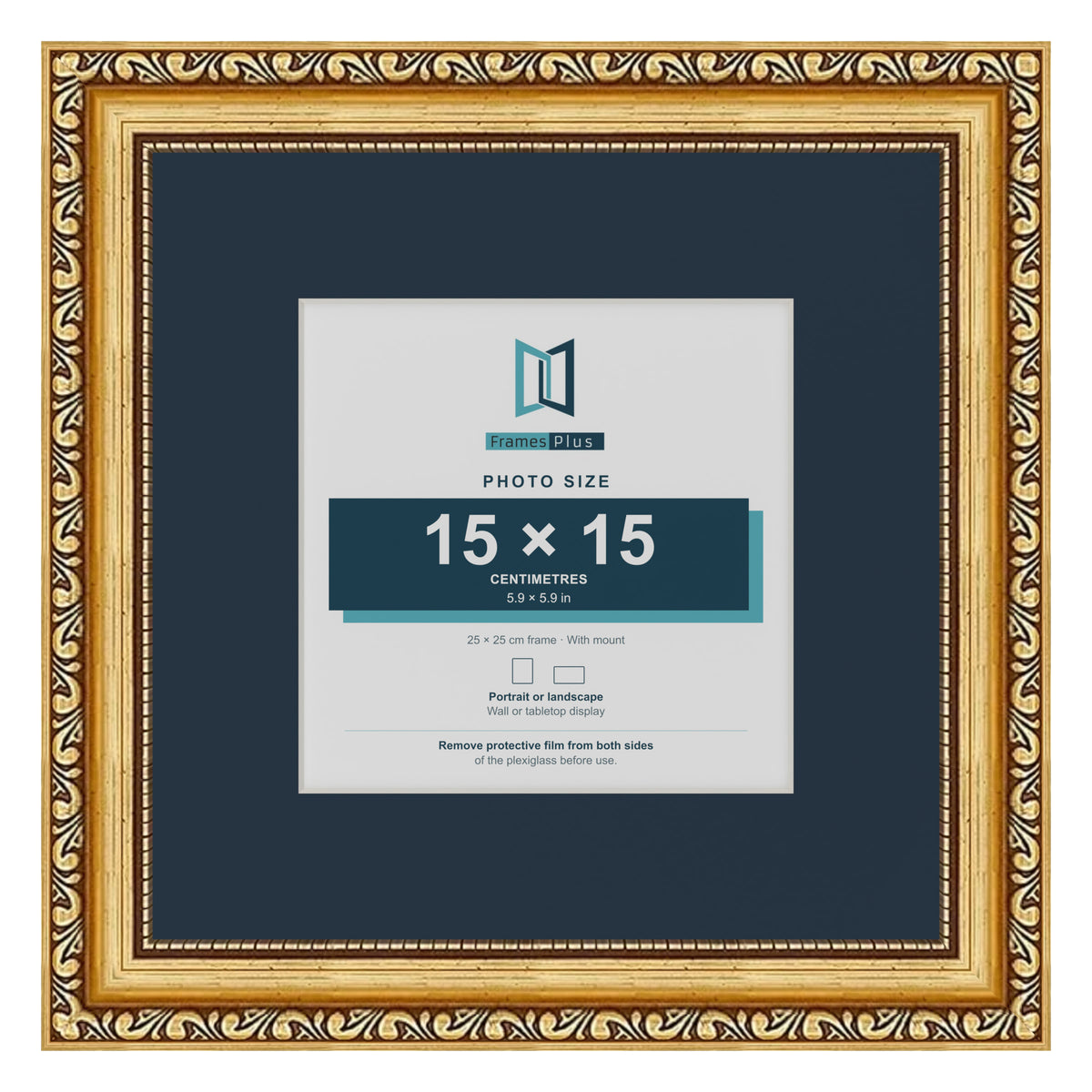 Louis Range Gold Picture, Photo & Poster Frame with Pacific Blue Mount - 25x25cm Frame for 15x15cm Photo, Gold