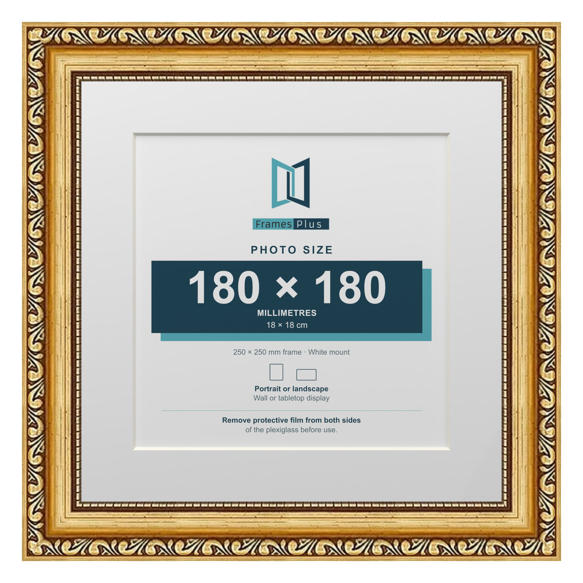 Louis Range Gold Picture, Photo & Poster Frame with White Mount - 25x25cm Frame for 18x18cm Photo, Gold