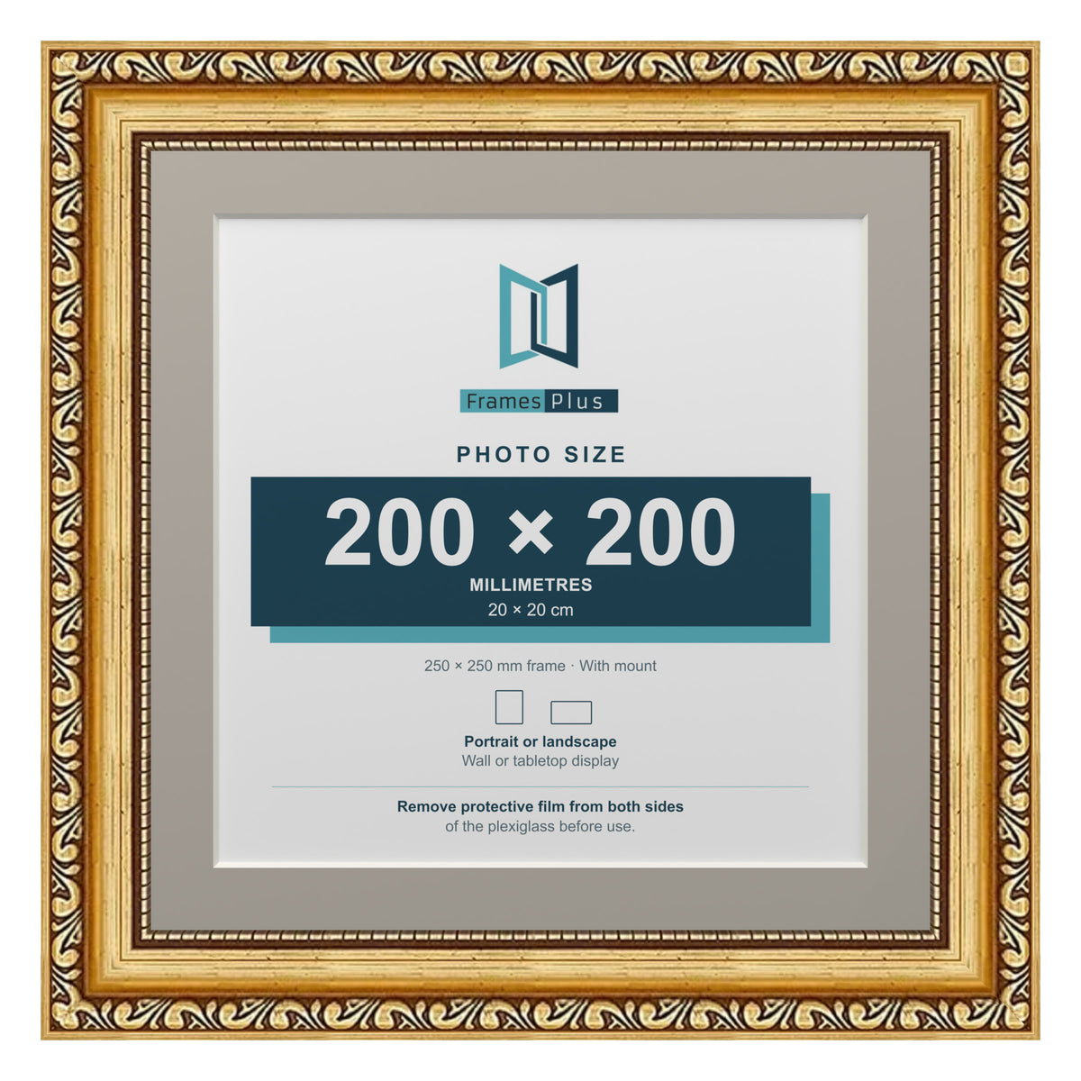 Louis Range Gold Picture, Photo & Poster Frame with Dawn Grey Mount - 25x25cm Frame for 20x20cm Photo, Gold