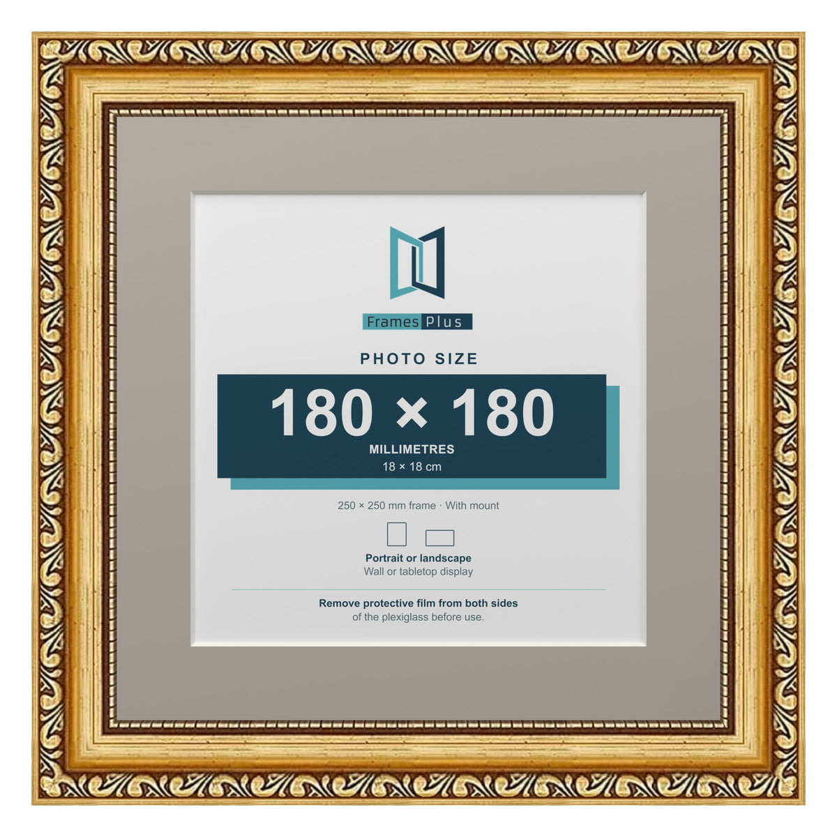 Louis Range Gold Picture, Photo & Poster Frame with Dawn Grey Mount - 25x25cm Frame for 18x18cm Photo, Gold