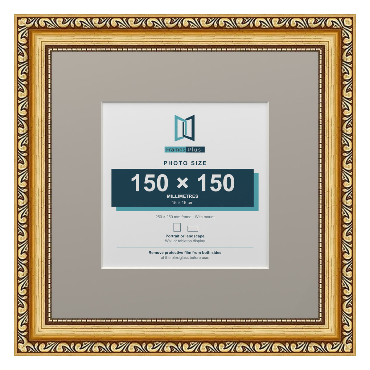 Louis Range Gold Picture, Photo & Poster Frame with Dawn Grey Mount - 25x25cm Frame for 15x15cm Photo, Gold