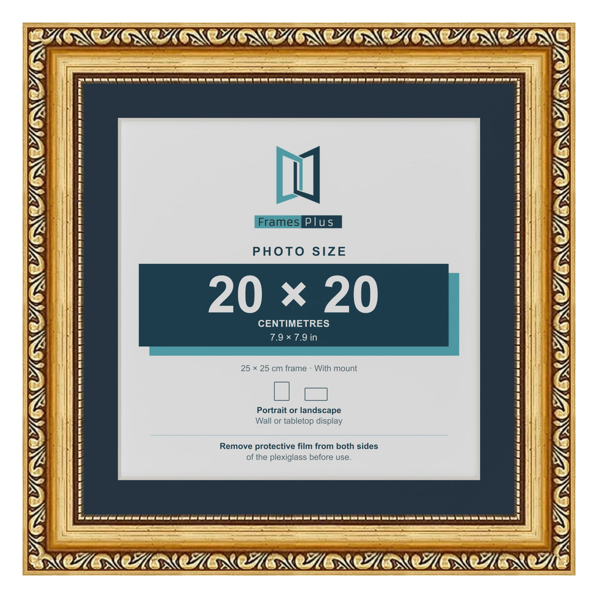 Louis Range Gold Picture, Photo & Poster Frame with Pacific Blue Mount - 25x25cm Frame for 20x20cm Photo, Gold