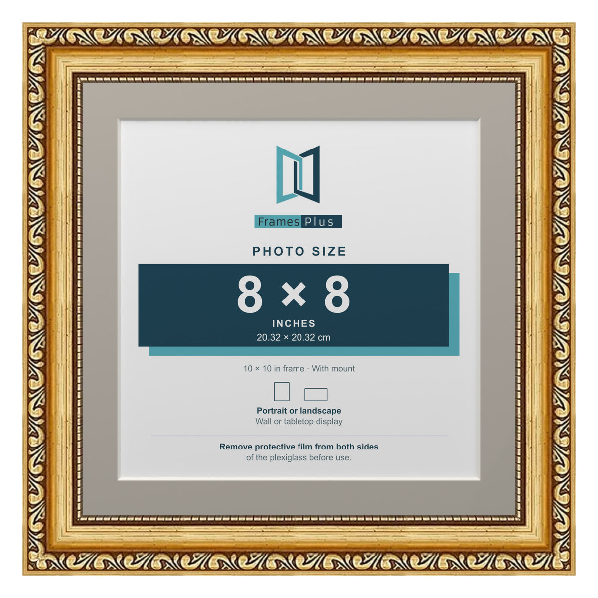 Louis Range Gold Picture, Photo & Poster Frame with Dawn Grey Mount - 10x10" Frame for 8x8" Photo, Gold