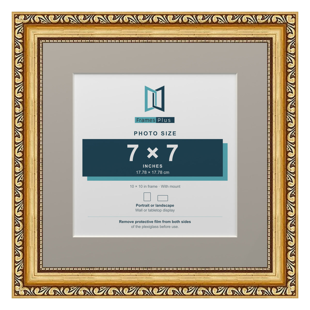 Louis Range Gold Picture, Photo & Poster Frame with Dawn Grey Mount - 10x10" Frame for 7x7" Photo, Gold