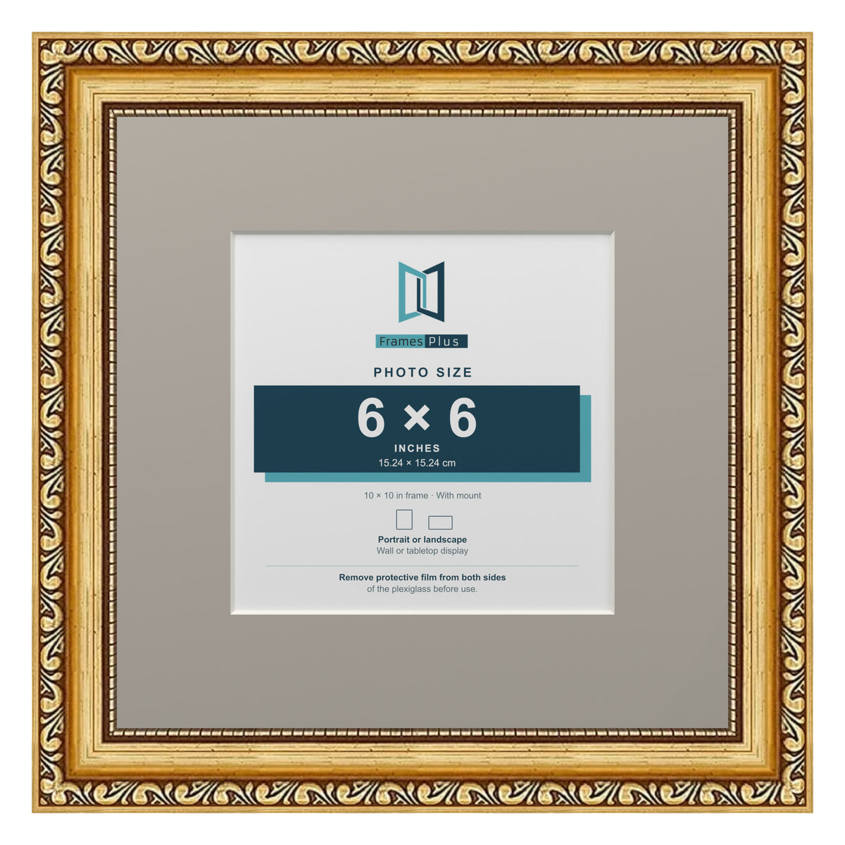 Louis Range Gold Picture, Photo & Poster Frame with Dawn Grey Mount - 10x10" Frame for 6x6" Photo, Gold