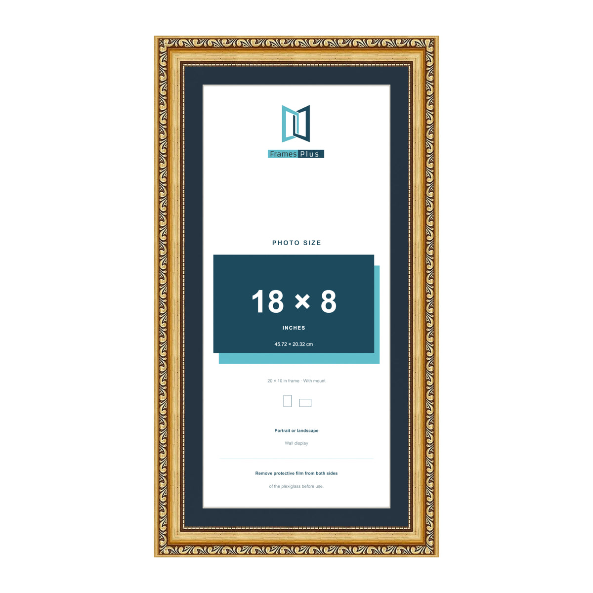 Louis Range Gold Picture, Photo & Poster Frame with Pacific Blue Mount - 20x10" Frame for 18x8" Photo, Gold