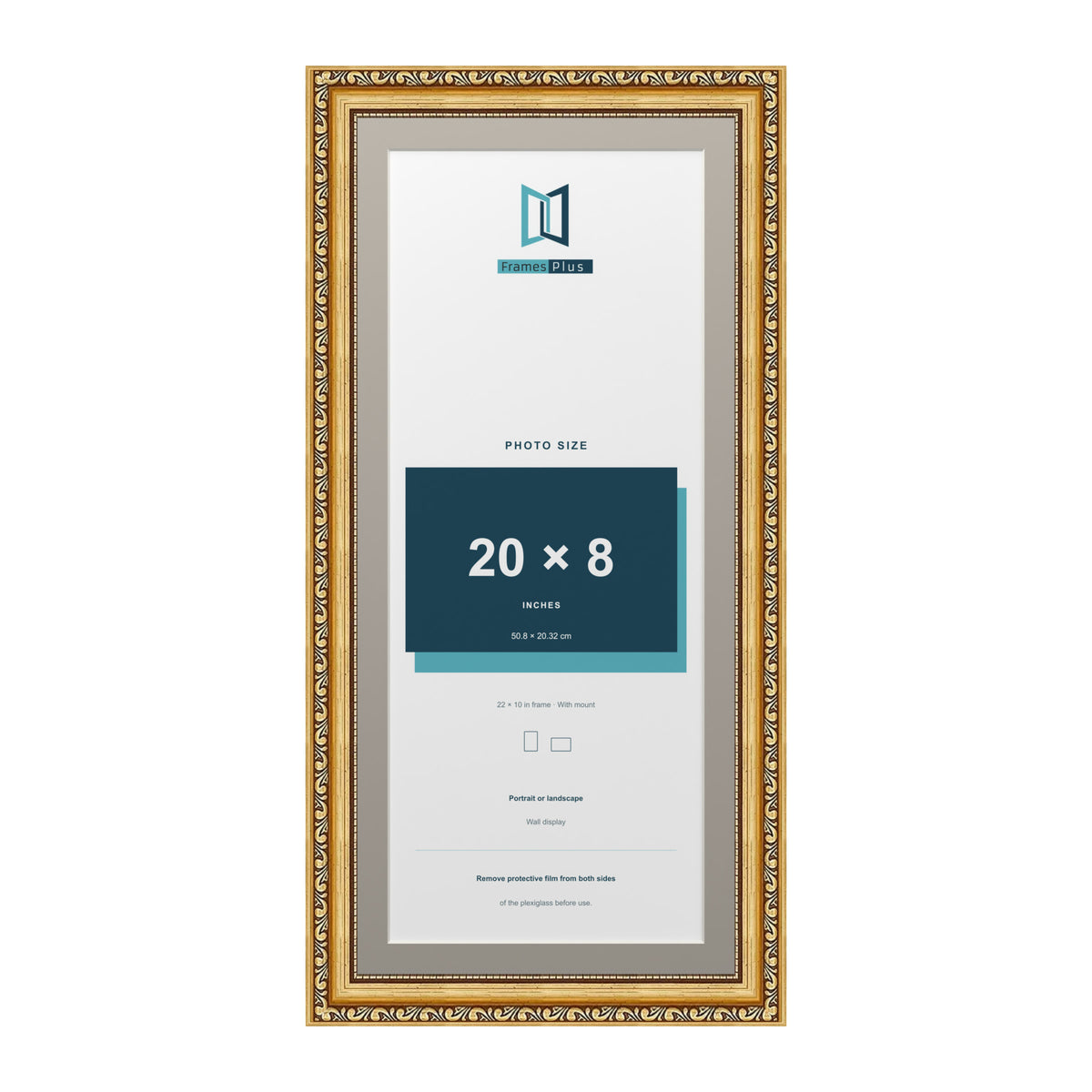 Louis Range Gold Picture, Photo & Poster Frame with Dawn Grey Mount - 22x10" Frame for 20x8" Photo, Gold