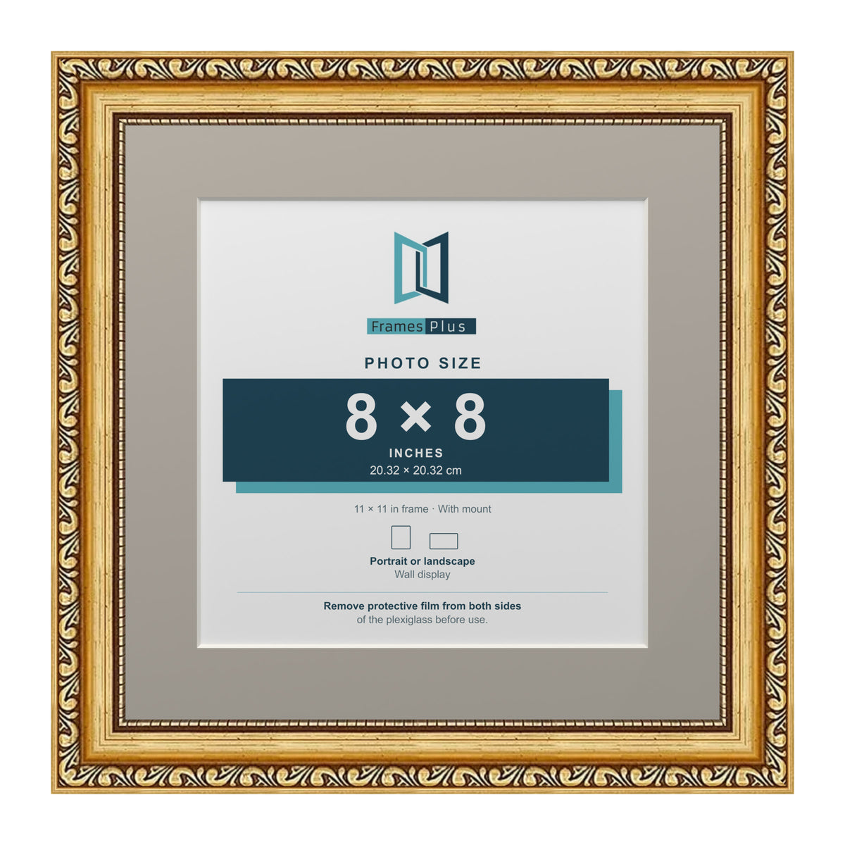 Louis Range Gold Picture, Photo & Poster Frame with Dawn Grey Mount - 11x11" Frame for 8x8" Photo, Gold