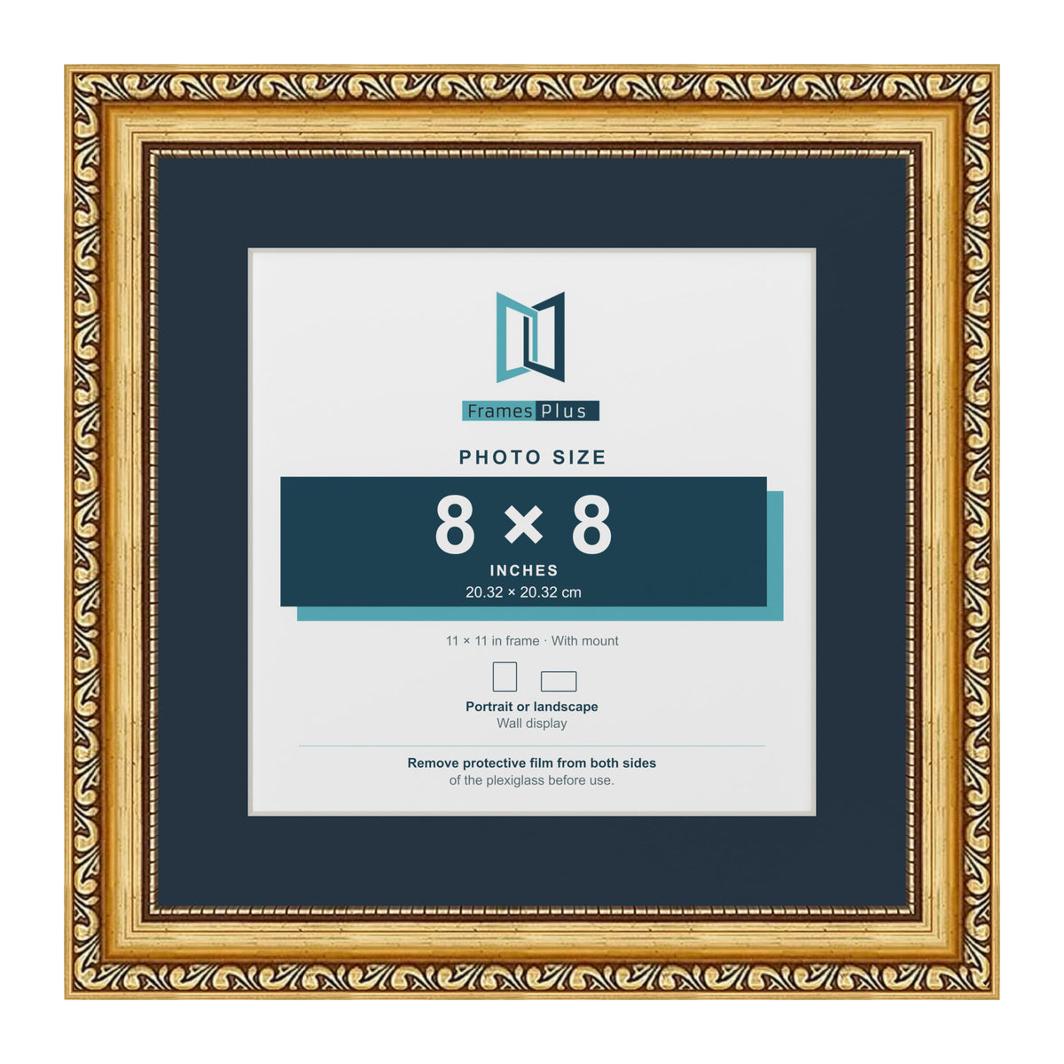 Louis Range Gold Picture, Photo & Poster Frame with Pacific Blue Mount - 11x11" Frame for 8x8" Photo, Gold