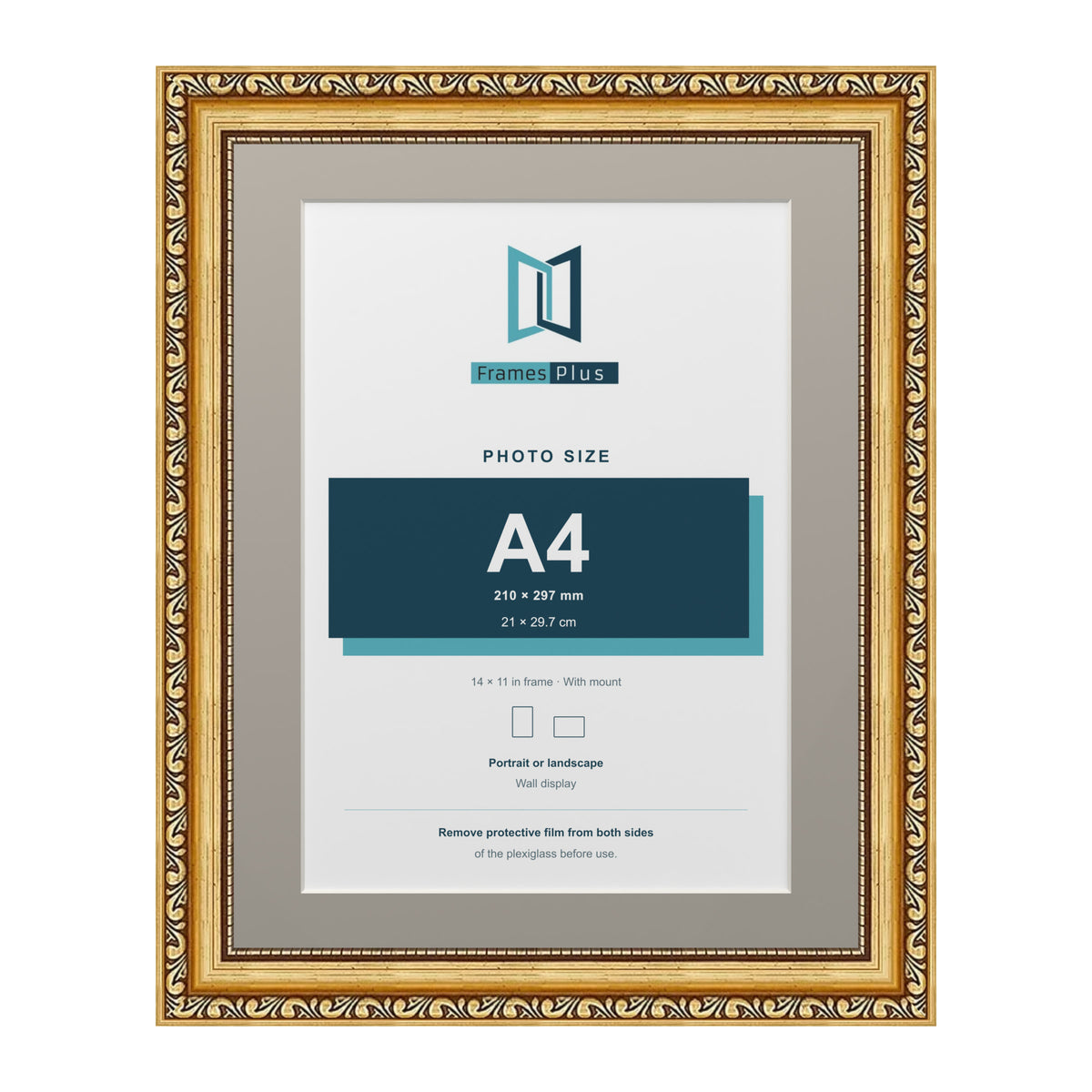 Louis Range Gold Picture, Photo & Poster Frame with Dawn Grey Mount - 14x11" Frame for A4 Photo, Gold