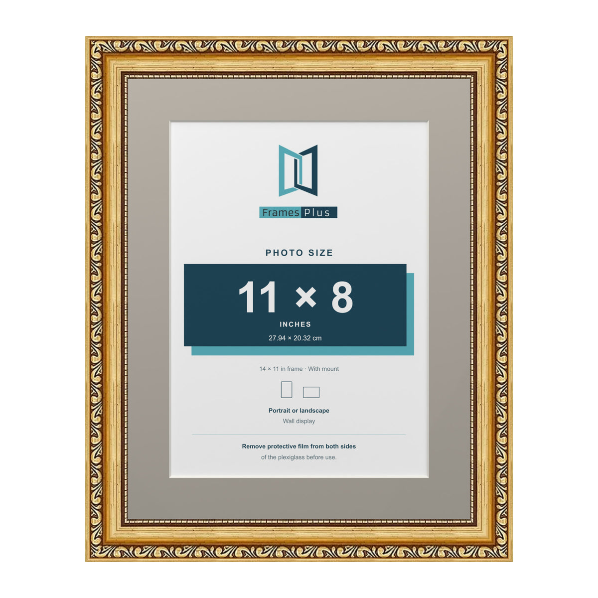 Louis Range Gold Picture, Photo & Poster Frame with Dawn Grey Mount - 14x11" Frame for 11x8" Photo, Gold