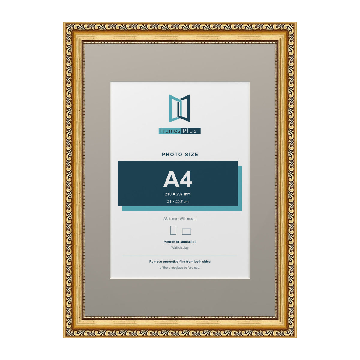 Louis Range Gold Picture, Photo & Poster Frame with Dawn Grey Mount - A3 Frame for A4 Photo, Gold