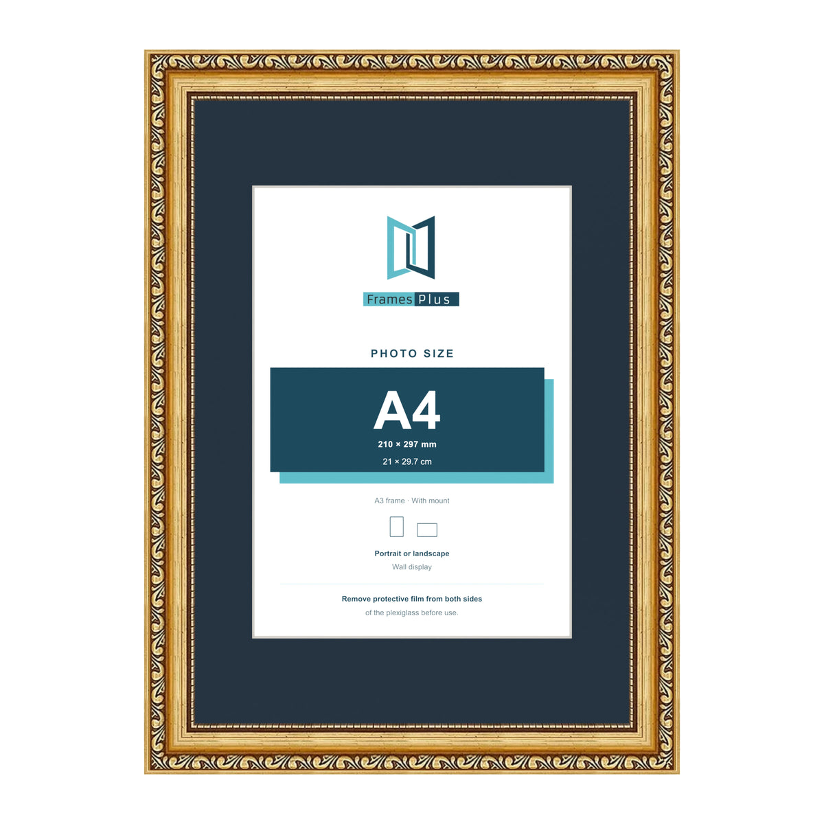 Louis Range Gold Picture, Photo & Poster Frame with Pacific Blue Mount - A3 Frame for A4 Photo, Gold